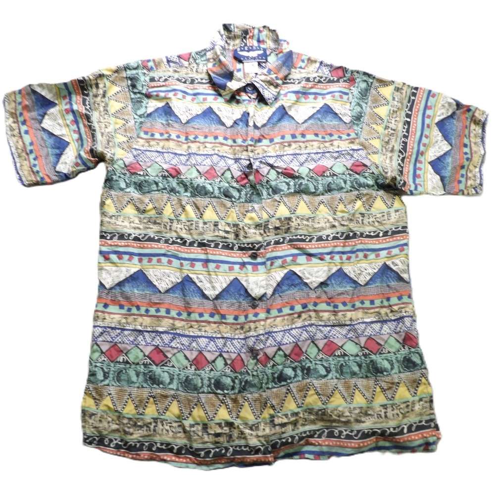 VTG Best American Co 90s Silk Short Sleeve Geometric Shirt Men Small Multi Retro